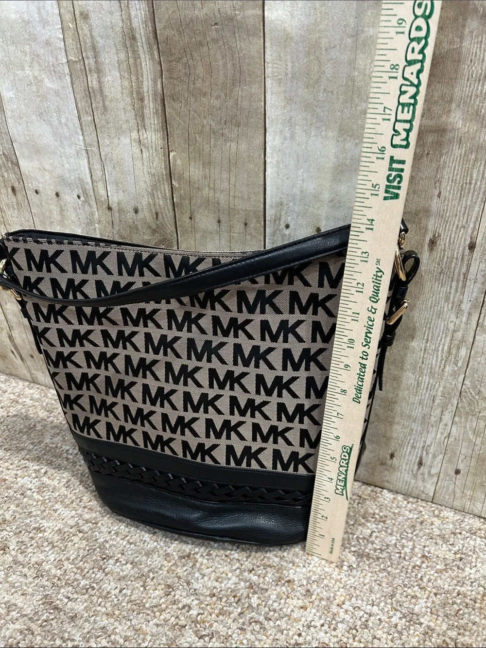 Michael Kors Black & Beige MK Logo Bucket Shoulder Bag Gold Hardware